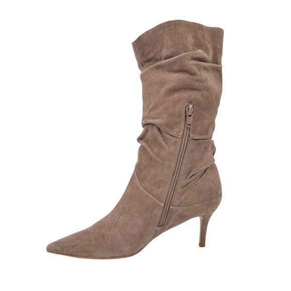 Neiman Marcus Warm Gray Mauve Faux Fur Lined Slouchy Suede Heeled Boots Booties - Picture 5 of 11